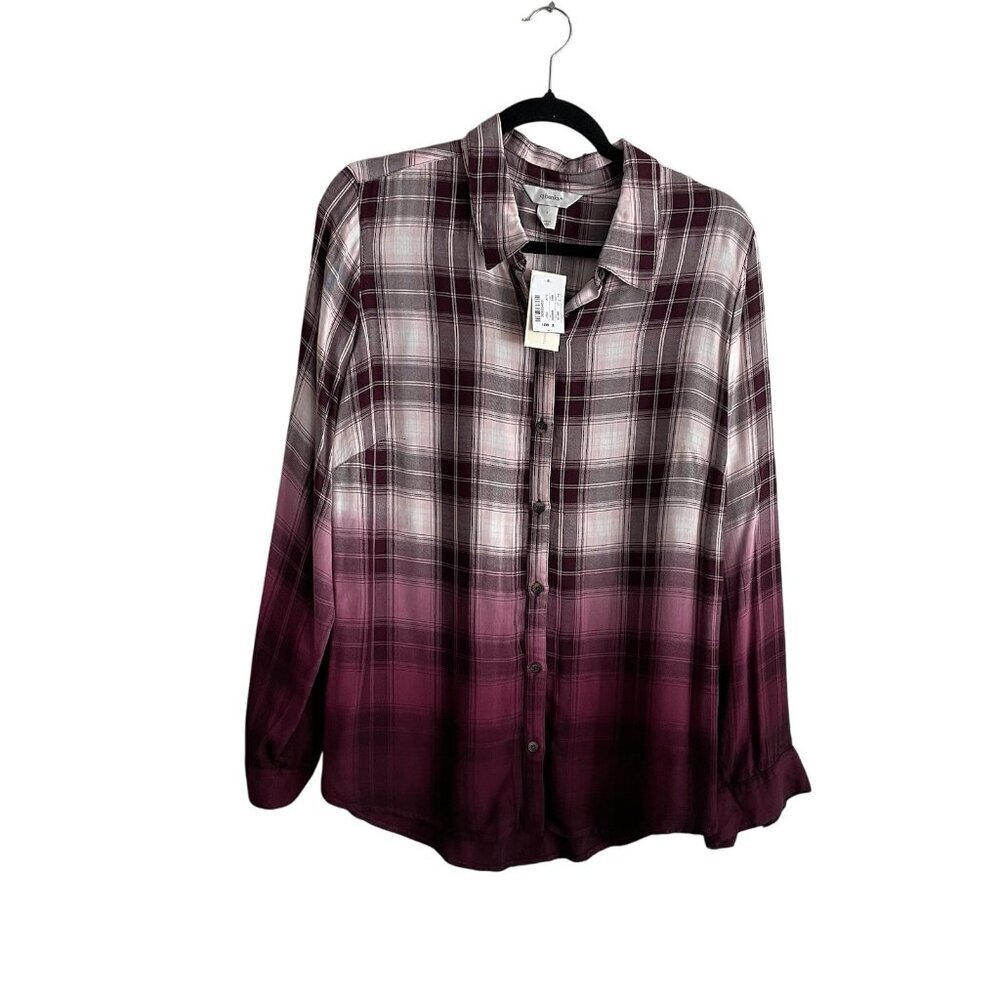 CJ Banks Women Sz X Burgundy/White Ombre Plaid Long Sleeve Button Up Blouse NWT